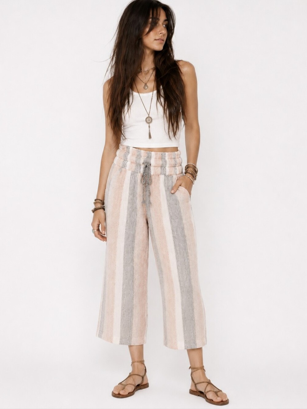 Striped Wide-Leg Linen Blend Pants in Neutral Stripe
